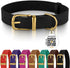 BRONZEDOG Leather Dog Collar with QR ID Tag, Basic Pet Collars for Small Dogs, Black & Gold Buckle