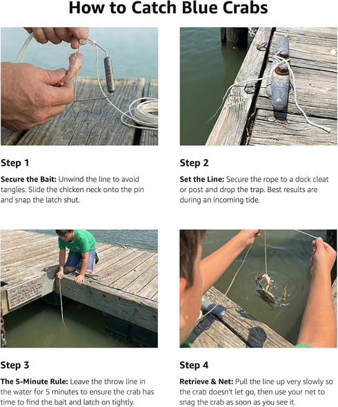 30ft Airfly Blue Crab Throw Line Kit - Cotton Hand Line with Heavy Sinker - Chicken Necking Drop Line for Pier, Dock