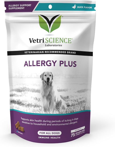 VetriScience Allergy Plus Immune Support Supplement for Dogs, Duck Flavor, 75 Chews for Itchy Skin Relief
