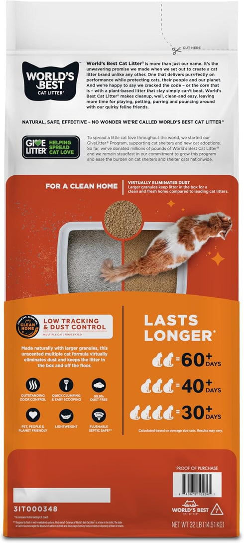WORLD'S BEST CAT LITTER Low Tracking & Dust Control, 32-Pounds, Unscented, Quick Clumping, Flushable