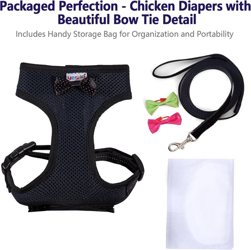 Chicken Harness Hen Size with 6ft Matching Leash - Adjustable, Comfortable, Breathable, Black for Chickens up to 6.6