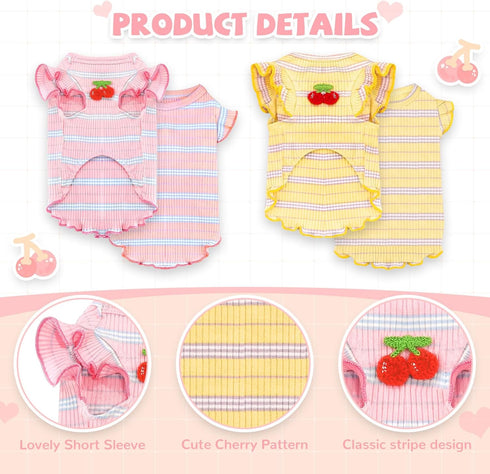 2 Pack Striped Small Dog T Shirt, Cute Cherry Girl Dog Clothes for Small Dogs Cats, Soft Cotton Sleeveless Vest