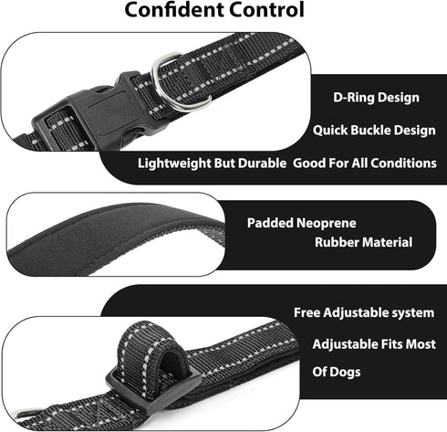 Reflective Padded Dog Collar with Soft Neoprene, Quick Release Basic Collar for Large Dogs, Black