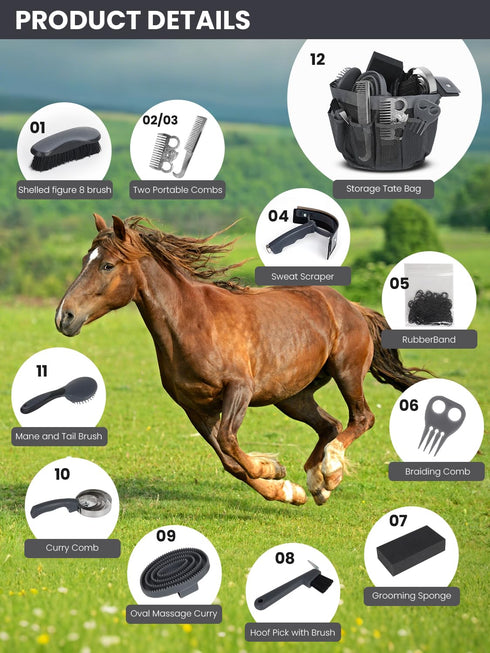 12 Set Set Horse Grooming Kit Pieces Complete Horse Brushes & Care Supplies with Organizer Tote Bag, Equine Coat