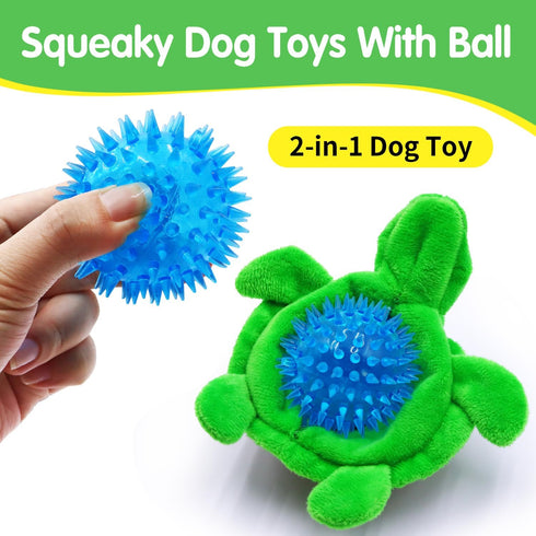 Turtle Squeaky Dog Toys with Ball - 2-in-1 Plush Toys for Small Breeds, BPA-Free Rubber & Soft Fabric for Interactive