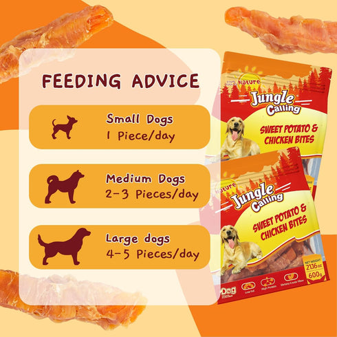 21.2 oz Jungle Calling Dog Treats for Medium/Large Breeds Rewards - Chicken Wrapped Sweet Potato, Grain Free, Rawhide