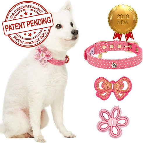 Blueberry Pet Adjustable Dog Collar with Metal Buckle, 2 Detachable Bowtie, Pink Polka Dot, Neck 9-12.5"