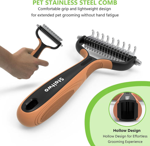 Deshedding Dog Brush - 2-in-1 Professional Undercoat Rake and Furminator for Long-Haired Dogs and Cats