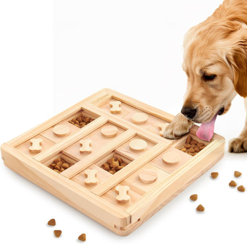 LOOBANI Wooden Dog Puzzle Toys - Interactive Slow Feeder IQ Training Toys for Small to Large Dogs, Dog Bone Pattern