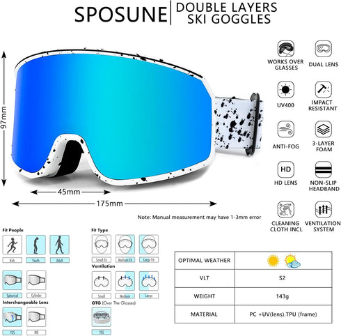 SPOSUNE Ski Goggles Over Glasses, Anti-fog Anti-UV Snow Goggles for Men, Women, Youth Skiing