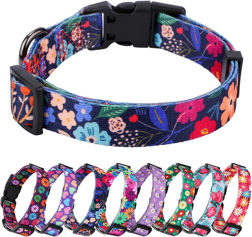 Rhea Rose Dog Collar - Special Design Cute Black Floral Pattern Collar for Large Dogs (Black, L)