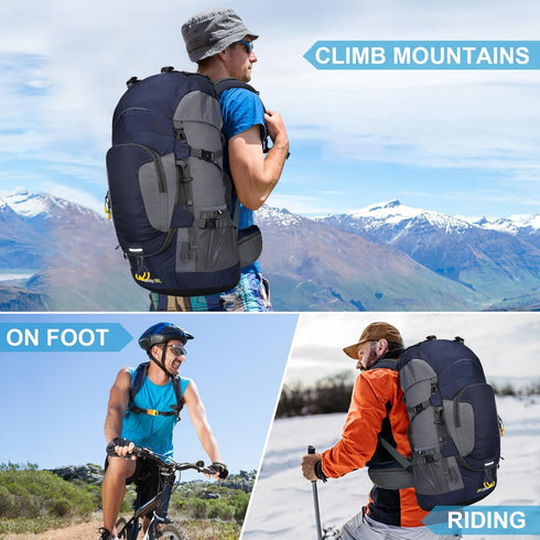 ShowyLive 60L Waterproof Hiking Backpack for Men - Durable, Lightweight with Rain Cover and Adjustable Straps, Blue
