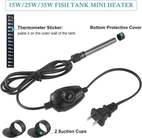 HITOP 35W Super Mini Adjustable Aquarium Heater for Small Fish Tank 4-10 Gallons with External Controller