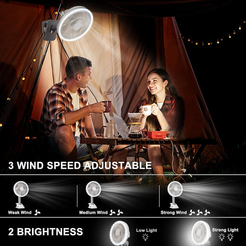 LETOUR Camping Fan with LED Light, Rechargeable 4 Speed Modes Fan with Hanging Hook for Travel, Camping, Tent, Office