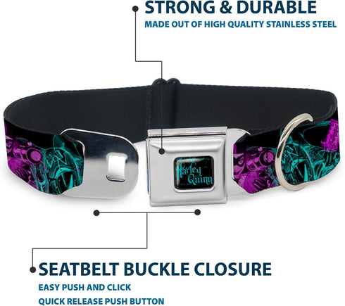 Dog Collar Seatbelt Buckle Harley Quinn Pow Aiming Poses Joker Black Turquoise Fuchsia 15 to 26 Inches