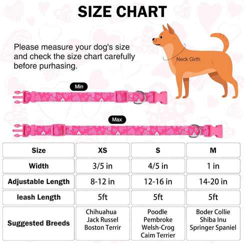 Small Dog Collar and Leash Set, Dog Collars for Puppy Medium Dogs, Adjustable Pet Collar for Doggie XS S M Breed Boys or Girls Chihuahua, Yorki, Bulldog, 5FT Nylon Dog Leash,Hearts M