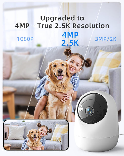Andyssey 4MP 5G/2.4G 6 360Pan 2.5K 256GB Indoor Camera WiFi Tilt Supports MicroSD up to (No Card) Plug-in Pet Camera