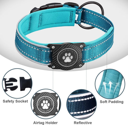 Airtag Dog Collar with Waterproof Holder, Adjustable Soft Padded Nylon for Small Medium Large Dogs, Blue, M
