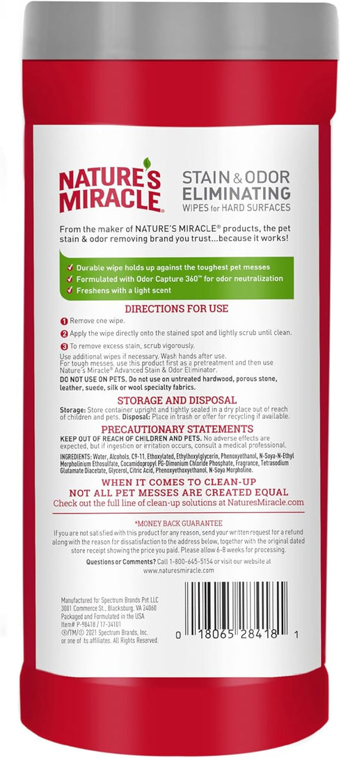 Nature’s Miracle Advanced Stain And Odor Eliminating Wipes for Hard Surfaces, 30 Count, Enzymatic Formula Eliminates Tough Pet Messes