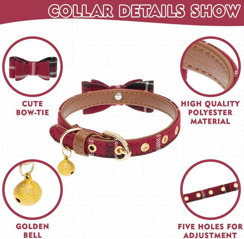 EXPAWLORER Dog Collar and Leash Set, Classic Plaid Dog Bow Tie and Bandana Collar with Bell, Tangle Free Dog Leash,