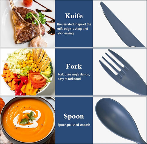 Reusable Utensil Set with Case, 2 Sets Large Portable Plastic Spoons, Forks, and Knives for Kids and Adults (Blue,