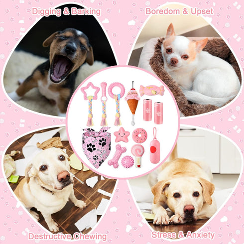 14 Pack Puppy Teething Toys - Chew Toys for Small Dogs - Pink Dog Stuff with Soft Rubber Balls and Colorful Ropes