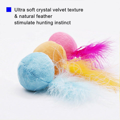 Furry Rattle Ball Cat Toy with Feather and Catnip, Interactive Pom Pom Balls for Cats, 2 Inch, 6 Pack