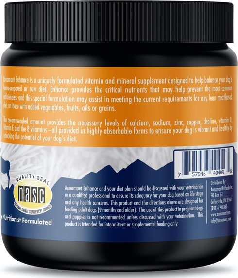 Annamaet Enhance Vitamin and Mineral Supplement for Raw Dog Meals, 8.5-oz Jar, Off White