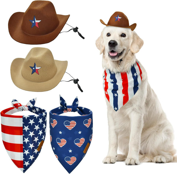 Vehomy 4th of July Pet Dog Costume - Cowboy Hats with Star Décor and American Flag Bandanas for Dogs Cats (4Pcs)