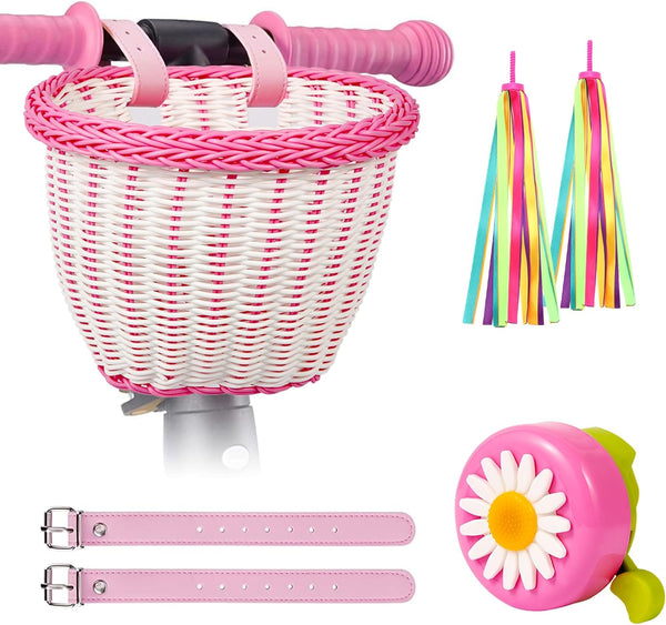 Kids Bike Basket Set, Handwoven Bike Baskets for Children, Includes Spare Leather Straps and Bell