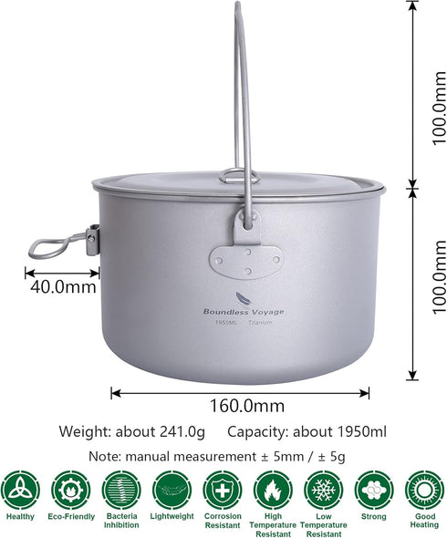 Outdoor 750ml - 2900ml Titanium Pot with Lid, Folding Bail Handle Camping Hiking Picnic Set