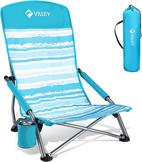 VILLEY Low Beach Chair, High Back Folding Chair for Adults, Lightweight and