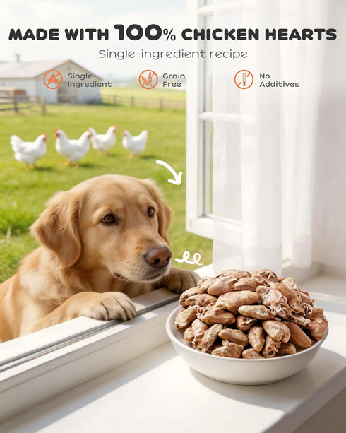 17.64 oz (1.1LB), Freeze Dried Chicken Hearts for Cats & Dogs, Raw High Protein Cat & Dog Treats, Single Ingredient