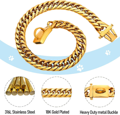BAOBOTE Gold Chain Dog Collar - 16MM 18K Heavy Duty Cuban Link with Secure Snap Buckle for Dogs (26" Gold)