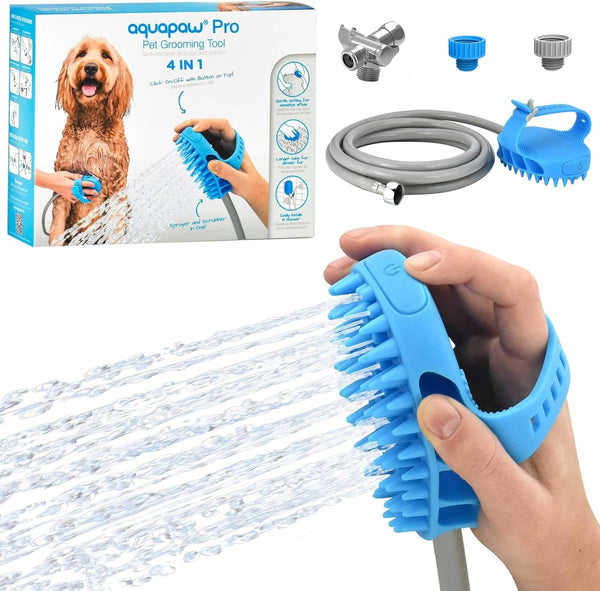 Aquapaw Dog Bath Brush Pro & Shower Attachment - Large Silicone Rubber with 8ft Hose for Bathing
