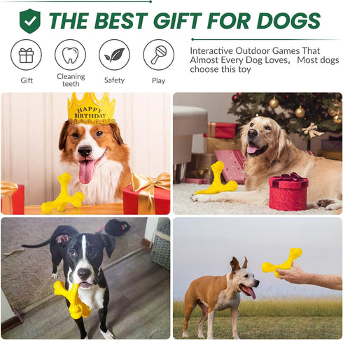 Indestructible Dog Chew Toys for Aggressive Chewers, Durable Cleaning Toothbrush Natural Rubber Bones Toy (Yellow)