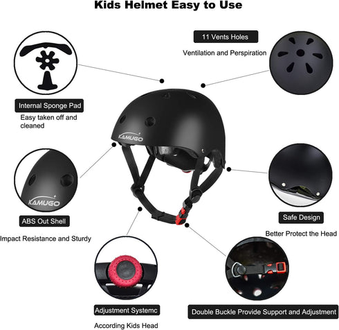 KAMUGO Kids Adjustable Helmet with Sports Protective Gear Set, Knee Elbow Wrist Pads for Age 2-8 Boys Girls