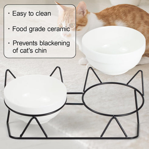 Elevated Tilted Cat Bowls for Indoor Cats, Raised 15° Ceramic Cat Bowl for Food and Water, Anti Vomiting Bowl (Double