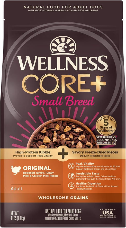 Wellness CORE+ Dry Small Dog Food with Wholesome Grains, Made in USA with Real Freeze-Dried Meat (4 lbs)