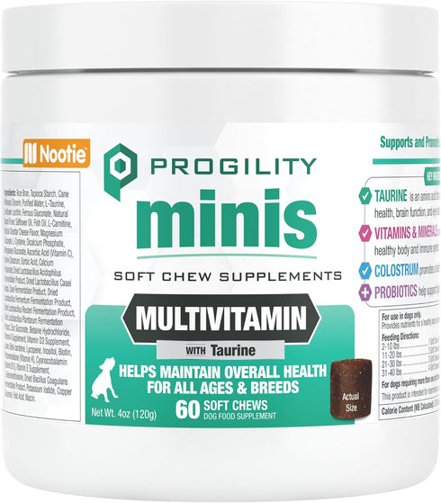 Nootie Progility Mini Multivitamin for Small Dogs, 60 Soft Chews with Taurine Supplement