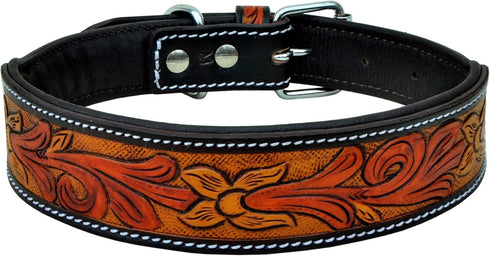 Adjustable Padded Soft Leather Dog Collar, Western Style Heavy Duty Hand Tooled for Puppies and Big Dogs 10AB108-M
