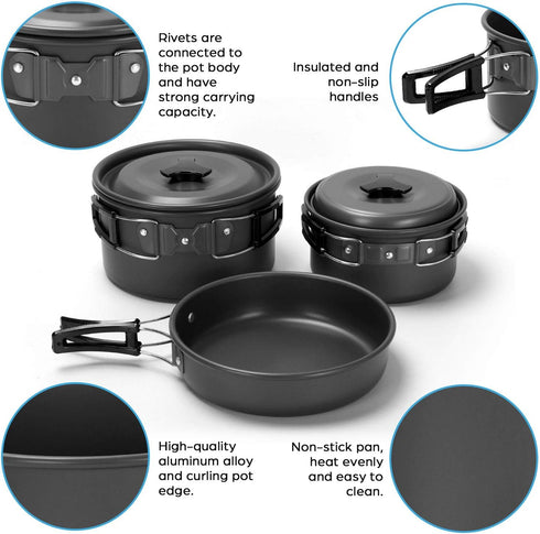 Odoland 15pcs Non-Stick Camping Cookware Mess Kit, Lightweight Pots Pan Set with Stainless Steel Cups Plates Forks