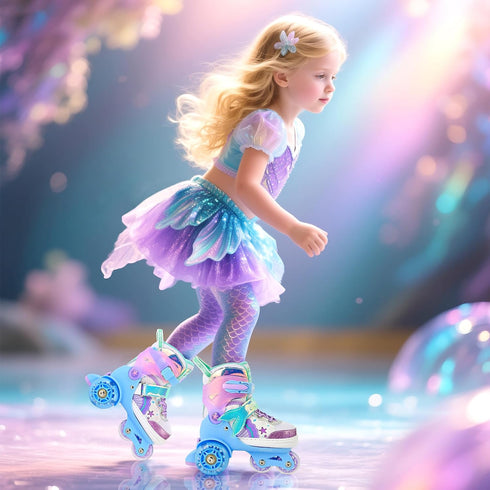 4 NEMONE Mermaid Size Adjustable Light up Roller Skates for Girls, Purple Blue Skates for Toddlers, Beginner Kids