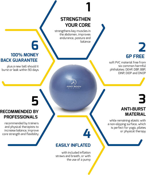 ProBody Pilates Ball Small Yoga Ball, 9 Inch Exercise Ball with Guide, Mini Soft Therapy Ball for Barre and Balance
