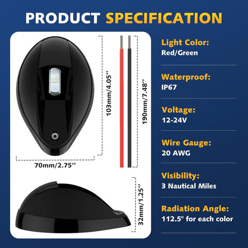 IP67, Boat Navigation Lights Side Mount, Red and Green Bow Lights for Boats LED Waterproof Marine Navigation Boat Light