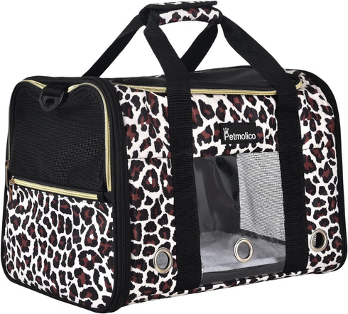 Petmolico Cat and Dog Carrier, Airline Approved Soft Travel Carrier with 3 Open Doors, Leopard