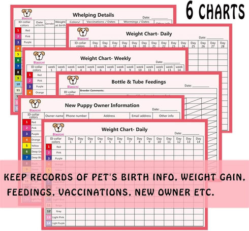 Puppy Collars for Litter - Soft Nylon Safety Whelping Litter Collar for Newborn Pets with Record Keeping Charts (12pcs,