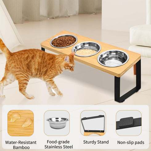 Raised Elevated Cat Food Water Bowl, Small Dog 15° Tilted Feeding Tray with 3 Stainless Steel Bowls (Wood Color)
