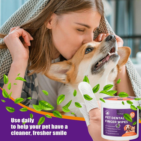 Teeth Cleaning Finger Wipes for Dogs & Cats, Soft Disposable Pet Dental Care Wipes, Gentle Cleaning (100 wipes)