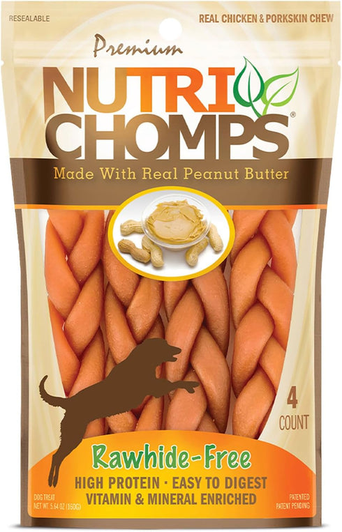NutriChomps Dog Chews, 6-inch Braids, 4 Count Rawhide-Free Treats, Easy to Digest, Real Peanut Butter Flavor